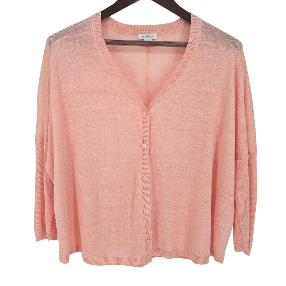 Sundance 100% Linen V-Neck Cardigan Sweater Peach Pink Relaxed Fit Large WIN19